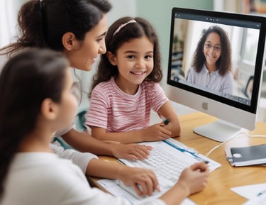 A young girl is seated on a medical examination table, receiving a small bandage on her arm from a healthcare provider. She is wearing a white shirt and has a pink bow in her hair. The provider is wearing bracelets and a blue shirt. The setting is a clinical room with wooden doors.