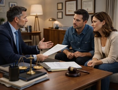 Investigator advising a young couple on legal documents in a private law office.