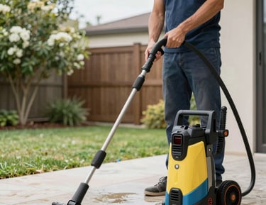 A pressure washer cleaning a patio with water spraying in the sunlight.