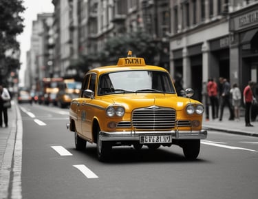 A red taxi with the branding 'Transcab' and a phone number is seen driving along a street. The vehicle is in motion, with a driver visible inside. The surroundings include a textured, gray stone building facade with some surveillance cameras mounted above.
