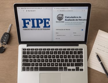 Notebook com a calculadora de avaliação de veículos aberta ao lado da Tabela FIPE, com chaves e anot