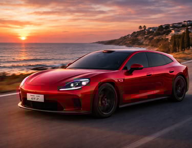 Huawei GT7 vermelho metálico, clone do Porsche Panamera em estrada ao pôr do sol
