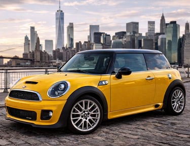 Mini Cooper amarelo em Nova York com skyline ao fundo mostrando design esportivo e urbano