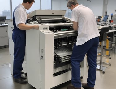 A monochrome image of a black multifunction printer with the brand name visible on the top. The printer displays a control panel and an open paper tray. It is positioned against a plain wall with a small portion of a person or object partially visible in the foreground.