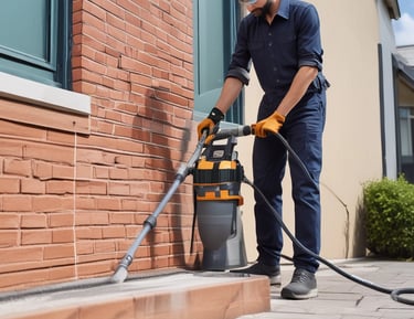A partially constructed or renovated interior space featuring exposed brick walls and wooden ceilings. A white door is visible in the background next to a red painted wall. A plastic sheet covers furniture on the right side, and there are construction materials scattered across the floor.