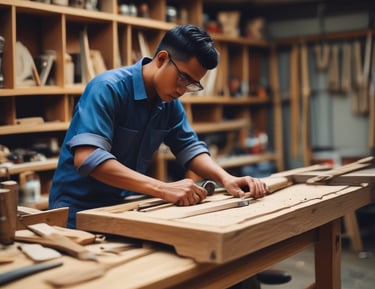 A workshop scene with artisans crafting furniture.