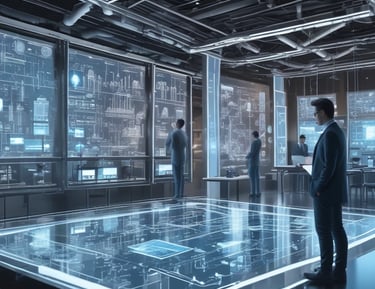 A close-up of a digital dashboard displaying data analytics and process simulations.