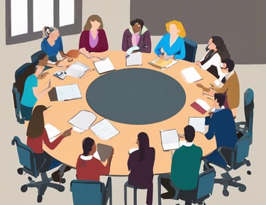 a colour image of teachers sitting around a large round table discussing