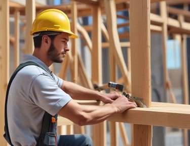 A flat wooden surface hosts a collection of metal hardware items, including a shiny chrome wrench, several bolts, nuts, and washers. The arrangement exhibits an orderly yet casual layout, with natural wood grain patterns visible in the background.