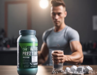 A container labeled 'protein' with a design of a muscular arm is placed on a reflective surface. Next to it, a white scoop with protein powder is partially filled and some powder is spilled on the surface.