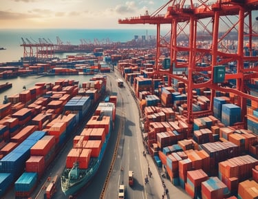 a truck driving down a highway with cargo containers in the background