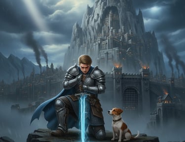 A man wearing armor, kneeling with his sword in front of him with the tip down 