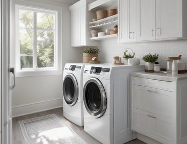 A laundromat with several rows of stacked industrial dryers. The machines have metallic finishes and display panels for user operation. The floor is tiled with a light beige color, and the upper wall features a sky pattern with clouds.