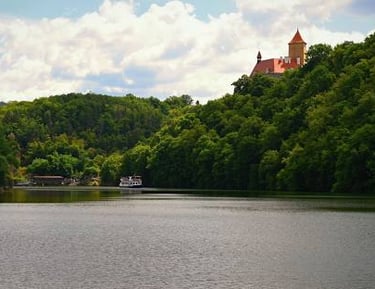 brno prehrada dam reservoir with castle, boat and lake
