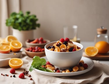 A white bowl of  fresh berries, served with oranges and mint for a healthy breakfast.