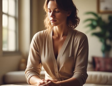 Young woman practicing mindfulness meditation at home while sitting on a bed in soft natural lighting.