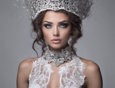 a woman wearing a crown like tiara and matching necklace