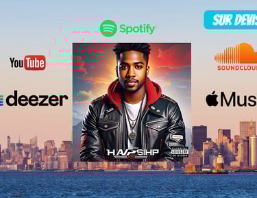 a man in a leather jacket and a photo of a city skyline