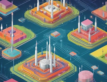 A room with a grid-patterned wall that resembles an anechoic chamber, containing various electronic equipment. There is a large antenna-like structure in the middle and several cables running across the floor connected to a control panel or server rack. Blue absorptive materials are placed around the antenna setup for sound or signal management. A stack of red crates and a cardboard box are in the background.