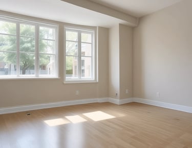 A two-story house under renovation with new brickwork being added. A black tarp covers construction materials in the foreground, surrounded by wood and other building materials. The house features a light brown exterior with two windows on the upper floor, white-framed doors, and a partially completed extension on the ground floor.
