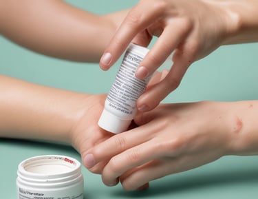 Two people in lab coats collaborate in an office setting. One is seated and pointing at a computer screen displaying medical images, while the other stands nearby holding a tablet. Large windows reveal a view of greenery outside, creating a bright and professional environment.