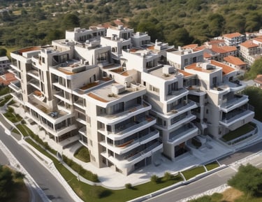 A weathered brick building facade features an artistic mural on its garage door, depicting a busy scene in greyscale. Vines grow over the white wall and the old wooden door in the center, providing a touch of greenery. An old, faded sign above the mural reads 'Real Estate.' The setting is illuminated by sunlight.