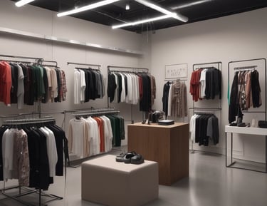 A stylish boutique interior with a well-organized display of clothing, accessories, and art. The walls are adorned with an eclectic mix of framed artworks, creating a gallery-like atmosphere. A rack of clothing is neatly arranged to the left, while shelves on the right showcase folded apparel and shoes. A glass display case in the center contains various small items and accessories. The wooden parquet flooring adds warmth to the contemporary design.
