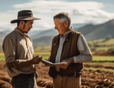 two men standing in a field with a tablet
