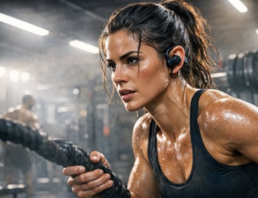 Uma mulher suada com fones de ouvido sem fio realizando um treino de alta intensidade