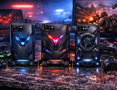 Três smartphones para jogos com iluminação RGB e ventoinhas de resfriamento sobre uma mesa