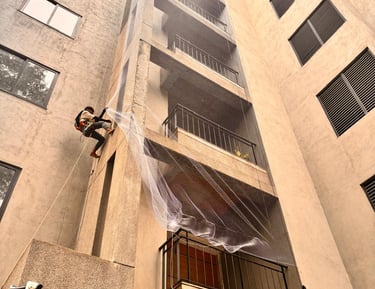 Wide view of a residential building fully covered with pigeon nets for safety.