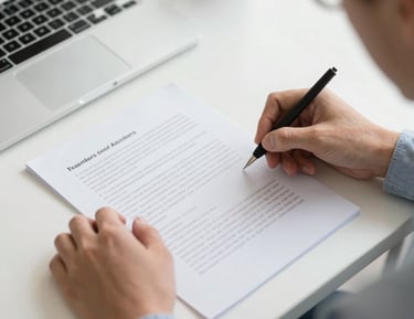 A focused individual preparing detailed selection criteria documents at a home office.