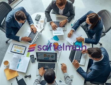 a group of people sitting around a table with laptops