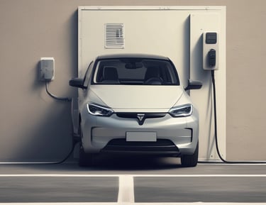 A modern electric vehicle charging station is illuminated at night. The charger has bold red lighting outlining its frame. Above the charger, there is a detailed and colorful coat of arms. The background is dimly lit, suggesting it's a suburban area or a park.