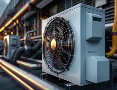 a large air conditioner with a fan on a metal pipe