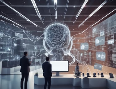 A MacBook Pro laptop displaying a software development environment with code on the screen. The desktop interface includes a smartphone emulator showing various application screens. The scene conveys a tech-focused workspace on a wooden surface.