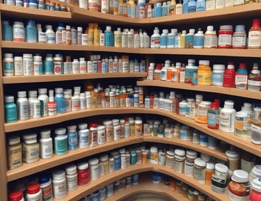 Shelves filled with a variety of skincare and personal care products inside a well-organized pharmacy or store. The shelves are stocked with creams, lotions, and other health-related items, with labels and signs displaying prices and promotions. The aisle has a clean, modern appearance with clear signage for a shopping app.