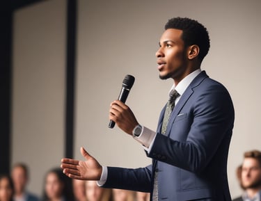 A man in a suit and tie is speaking into a microphone