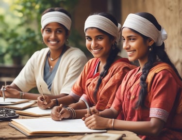 A classroom with five nurses in uniforms seated at desks, facing a blackboard where another nurse is writing. Anatomical charts and a skeleton model are visible, indicating a lesson on human anatomy.