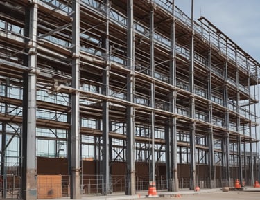 A building under renovation with extensive scaffolding surrounding its façade. The structure features classical architectural elements like ornate balconies and mansard roofs. Traffic barriers are placed at the base, indicating an active construction zone.