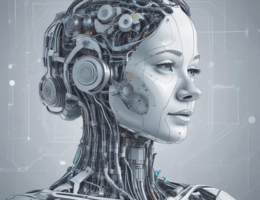 Four small, white robot figures are sitting in a row, each with a laptop in front of them. They have round bodies and blue accents, with 'AI' displayed on their chests. The background is minimal and light gray, emphasizing the robots and their computers.