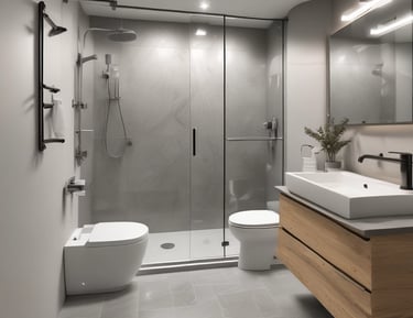 A bathroom with WC and shower built with high quality materials.
