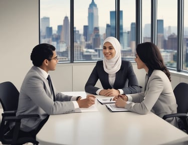 An attorney discussing legal documents with clients in a welcoming office setting.