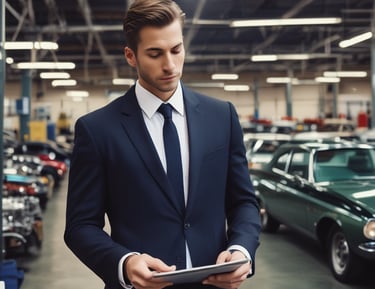 A friendly staff member discussing insurance paperwork with a customer in the shop office.