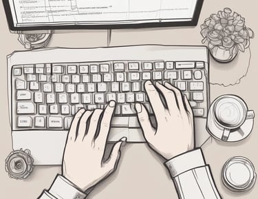 A close-up of hands typing on a keyboard with a coffee cup nearby.