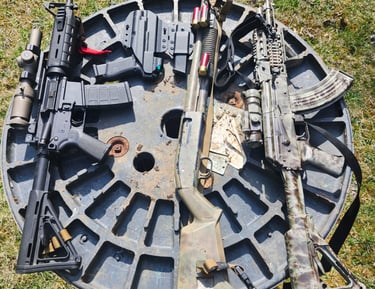 Various self-defense firearms on display.