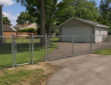 Galvanized chain link fence with a double swing driveway gate and walk-through gate.