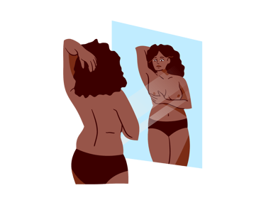 a woman in a bikinisuit looking at herself in the mirror
