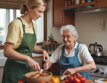 An elderly person sits at a dining table, holding a cup. The table is set with various dishes, pastries, and cups, indicating a meal. The environment appears cozy with natural light coming in through a window, and a houseplant is visible in the background.
