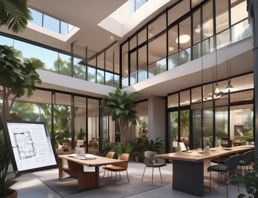 A luxurious residential area featuring a villa with a tile roof surrounded by palm trees and lush landscaping. In the background, a tranquil lake reflects the clear blue sky, and mountains rise up in the distance, creating a serene and picturesque setting.